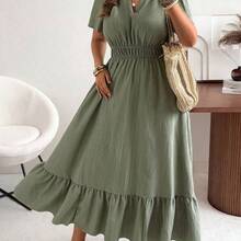 Plus Size Women's New Elegant Casual Loose V-Neck Short Sleeve Textured Fabric Swing Dress, Suitable For Wedding Guest, Bohemian Style Super Long Spring/Summer Dress - Rojo violeta - Ver 7