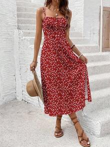 Vestido casual de media longitud con abertura alta y estampado floral ditsy para vacaciones de mujer, ropa de verano para mujer, conjunto de vacaciones para mujer - Multicolor - Ver 4