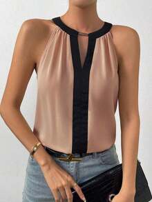 Blusa con cuello en forma de ojo de cerradura y ribete de contraste, parte superior para salir - Caqui - Ver 8
