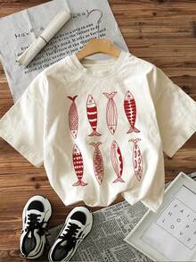 Limited Edition Women's Casual T-Shirt With Unique Fish Print Design - Short Sleeve, Round Neck, Lightweight And Breathable, Perfect For Summer And Spring, White With Red Fish Illustrations, Lightweight Cotton - 杏色 - 查看 12