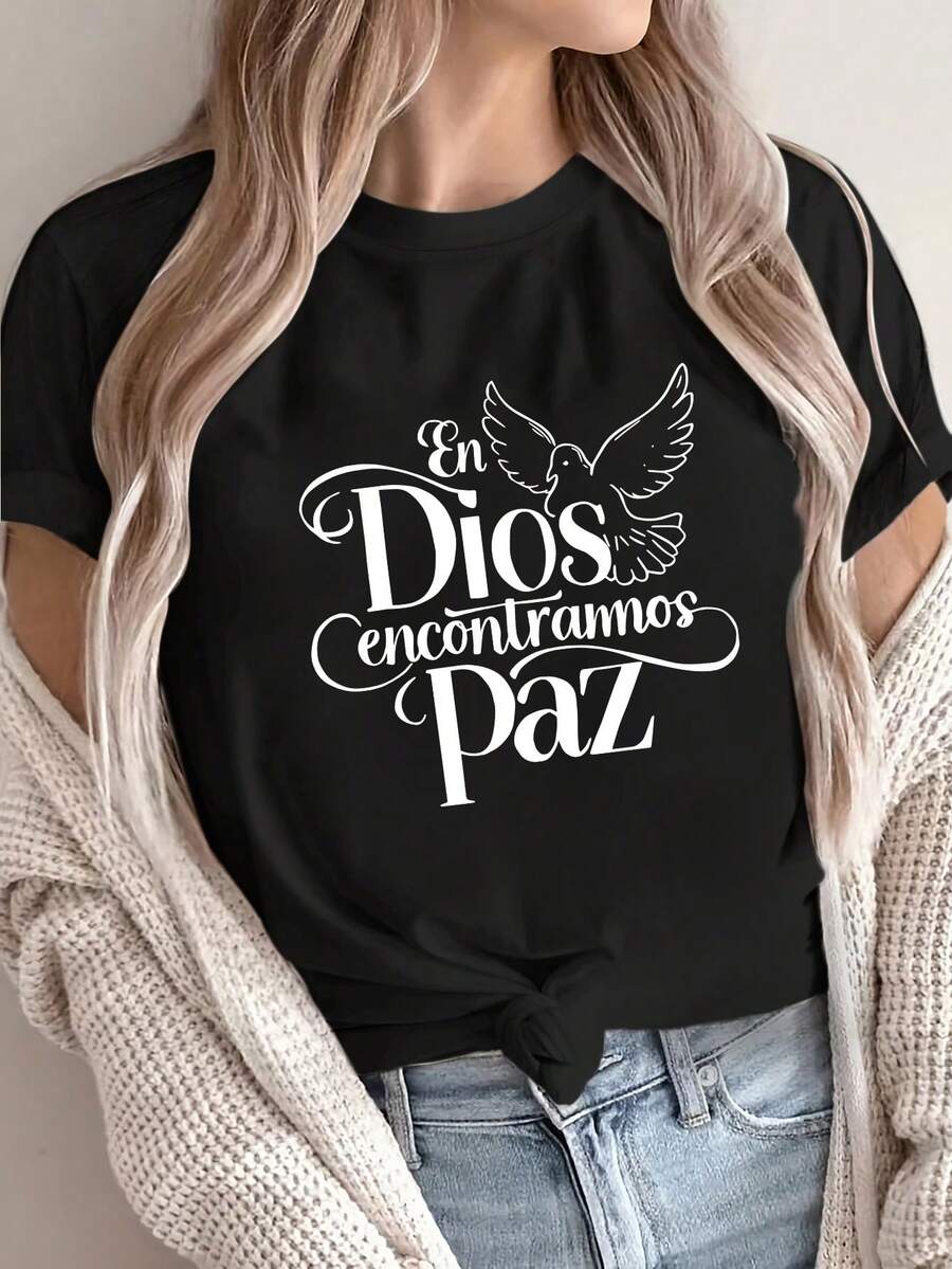 Casual And Fashionable Short-Sleeved T-Shirt With A Round Neck, Featuring A Peace Dove Print And Spanish Motifs. A Pullover-Style T-Shirt For Women, A Very Distinctive Printed T-Shirt / Unisex Style / Suitable For Both Men And Women / Wrinkle-Resistant / Breathable. - 黑色 - 查看 1