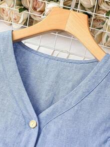Vestido casual de color liso con mangas cortas para mujer, casual - Celeste - Ver 5