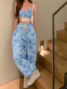 Petite Conjunto de 2 piezas: Top corto tipo camiseta con estampado y pantalones de cintura alta con pernera ancha - Azul - Ver 5