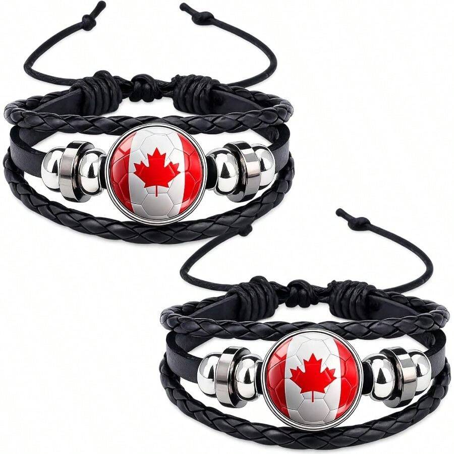 2PCS World Cup American Flag Bracelet USA Bracelets Patriotic World Cup Soccer Bracelets For Men Women Soccer Bracelets PU Leather Braided Rope Bracelet World Cup Soccer Party Favors - Canada - View 1