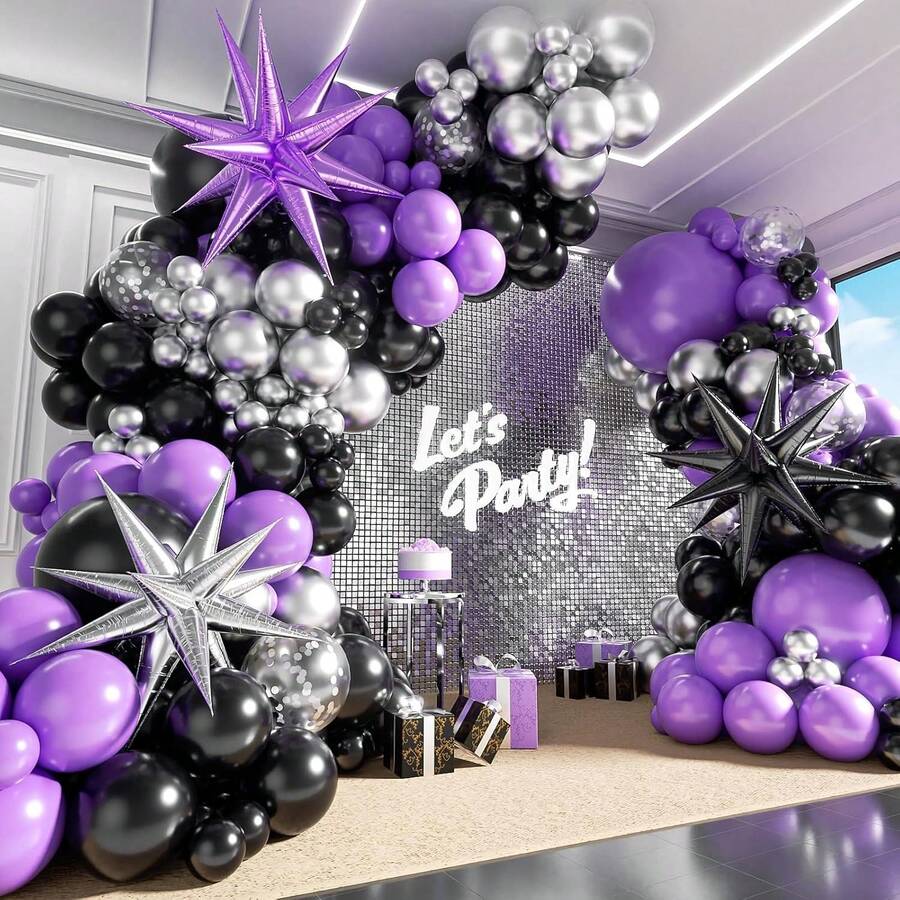 A Set Of 110 Purple And Black Balloon Arch Decorations, Including Silver Sequined Foil Metallic Purple Balloons, Perfect For Graduation Ceremonies, Weddings, Bachelor/Bachelorette Parties, And Birthday Parties. - View 1
