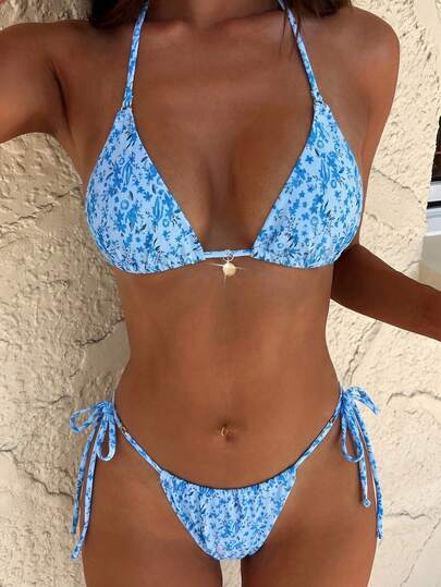 PEPPERMOLLY Bộ bikini hai mảnh họa tiết hoa dành cho nữ, kiểu buộc dây hai bên hình tam giác, thích hợp đi biển.