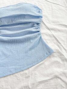Blusa ajustada con vuelo, escote tubo, textura azul, bajo asimétrico, abertura lateral, para vacaciones de la mujer - Azul - Ver 4