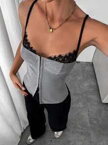 Camiseta de tirantes de uso diario versátil y casual con parches de encaje para mujer - Gris - Ver 5