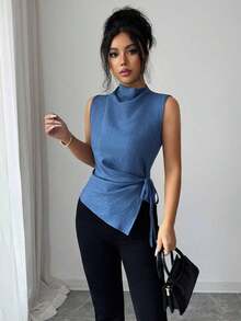 Camisa sin mangas elegante para mujer con tela de aspecto de mezclilla, cuello alto, cintura fruncida, bajo asimétrico, color azul elegante para uso casual diario, primavera/verano - Azul - Ver 5