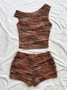 Eduarda Gutierrez  Conjunto de 2 piezas para mujer con top corto de punto a rayas y shorts ajustados de tiro súper bajo, atuendo adecuado para vacaciones, fiestas, Navidad, San Valentín, citas, playa, crucero, carnaval, Pascua, Año Nuevo Chi - Marrón - Ver 2