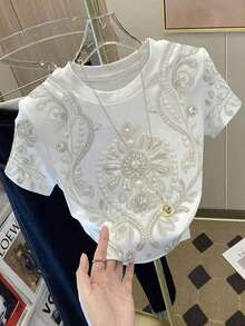 Camiseta corta de mujer de ajuste ceñido con estampado de lentejuelas y perlas de imitación, una prenda imprescindible para el verano, una camiseta de moda y con estilo, adecuada como regalo para hermanas, madres, Día de la Madre, una prenda casual - Blanco 3 - Ver 3