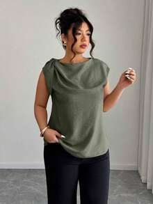 Camisa sin mangas de lino y algodón en beige con lazos en los hombros: informal para vacaciones, elegante para usar en la calle, adecuada para la oficina - Blusa talla grande para primavera y verano - Verde militar - Ver 3