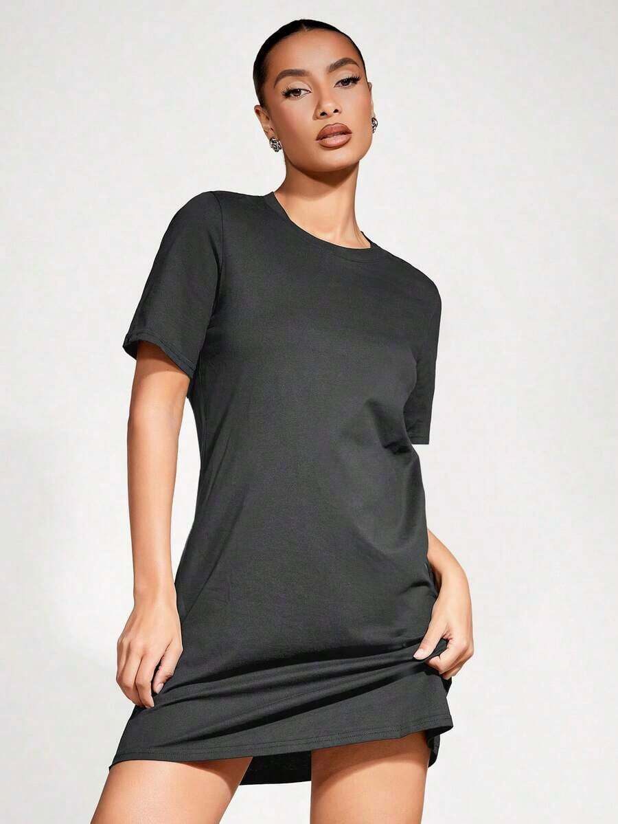 Vestido corto de mujer de unicolor para uso casual, diario y de fiesta - Gris Oscuro - Ver 1