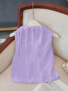Blusa blanca elegante sin mangas, de cintura elástica y cuello suelto con cordón, de tejido texturizado, para mujer, para primavera/verano.Blusas y tops para mujer de cuello cerrado, blusas casuales y modernas para el verano - Púrpura malva - Ver 2