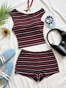 Eduarda Gutierrez  Conjunto de 2 piezas para mujer con top corto de punto a rayas y shorts ajustados de tiro súper bajo, atuendo adecuado para vacaciones, fiestas, Navidad, San Valentín, citas, playa, crucero, carnaval, Pascua, Año Nuevo Chi - Multicolor 7 - Ver 7