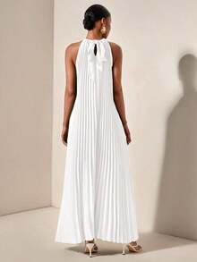 Vestido holgado de verano y primavera casual de vacaciones de cuello halter sin mangas con pliegues y bajo en A, color verde oscuro - vestido para mujer - Blanco - Ver 8