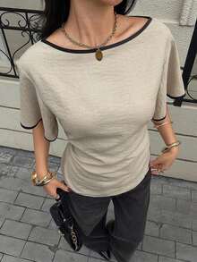 Camisa casual de mujer con ribete de contraste en la cintura y manga corta, para verano - Albaricoque 2 - Ver 3