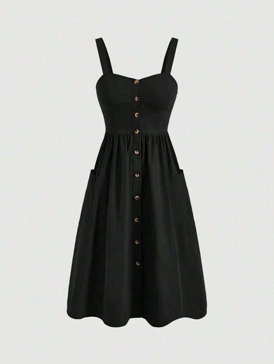 Vestido de verano para mujer de unicolor sin mangas con bolsillos - Negro - Ver 1