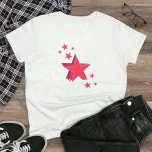 High-Quality T-Shirts In Pink Star Print, Mid-Weight Cotton T-Shirts For Women, And Small, Versatile Unisex Items Suitable As A Gift. Women's T-Shirt. Elegant Blouses. Boho Chic, 1 Piece. Suitable For Spring, Summer, And Autumn. - 白色 - 查看 6