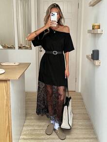 Đầm dài màu đen thanh lịch EARO dành cho nữ, viền ren mềm mại, tay ngắn, thiết kế trễ vai kèm thắt lưng. - màu đen - Xem 1