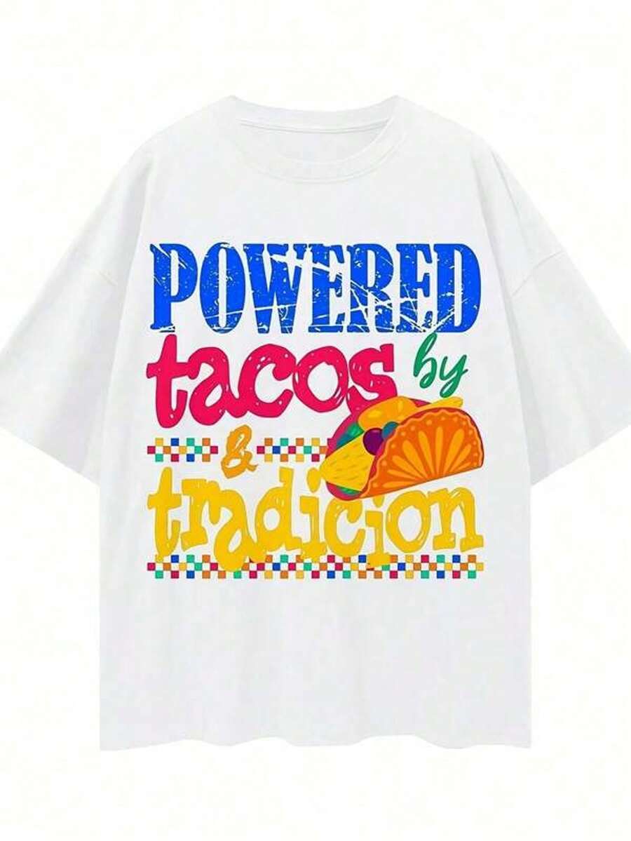 Camiseta oversize "Powered By Tacos And Traion", camiseta drtida de comida mexicana, herencia hispana, gr£fico de cultura latina, ropa urbana de peso pesado 100% aod￳n. Con estampado de maosa, adecu para ni￱as y mujeres, cuello redondo de manga corta, camiseta inspiradora, top de verano lindo y est￩tico, adecu para uso al e , familiar, trabo o ropa casual suelta diaria