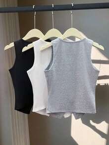 Set de 3 tops ajustados de mujer de unicolor, con cuello redondo, sin mangas y abertura, con botones - Multicolor - Ver 2