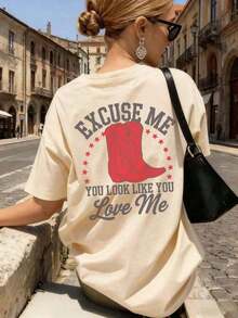 Camiseta vintage 100% para mujer, estilo punk suave y holgado, hecha de tela 100% algodón suave, estampada con el eslogan "EXCUSE ME YOU LOOK LIKE YOU LOVE ME" en rojo, llamativa y versátil, camiseta de manga corta estilo punk occidental americano, adecuada para salidas de fin de semana, fiestas temáticas de mezclilla y reuniones con amigos, ropa casual de verano para mujer, conjuntos de regalo para el Día de la Madre, ropa para la Copa del Mundo, ropa para fiestas de fútbol, ropa para días de juego, camiseta unisex de fútbol de EE. UU. de talla grande, ropa de verano para mujer. Moda - Albaricoque 2 - Ver 7