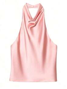 Camiseta sin espalda de satén negro para mujer, Camiseta de tirantes para playa de verano para mujer, Camiseta de tirantes finos con hombros descubiertos de color rosa para mujer - Rosa - Ver 2