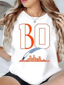 Modern City With Large Orange Numbers And A Ball Symbolizing Urban Energy, Sporting Passion And Connection With . Casual Women's T-Shirt For Everyday Wear, Comfortable And Attractive. - 白色 - 查看 8