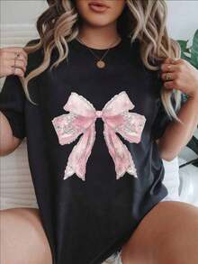 Camiseta Casual de Manga Corta para Mujer Estilo Vintage - Rosa con Estampado Floral y Lazo, Cuello Redondo, Top de Verano, Lavable a Máquina, Camisetas para Damas, Ropa Casual, Estilo Moderno, Ajuste Cómodo  
 BlackFashion - Negro - Ver 7
