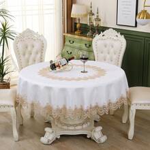 HXARTMIS 1 Stück luxuriöse, elegante beige Tischdecke mit floraler Stickerei und Kante, dekorative runde Tischdecke für den Esstisch, schützende runde Tischdecke - Weiss - Übersicht 18