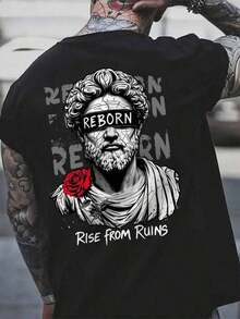 Men's Short Sleeve Crew Neck T-Shirt With Large Statue, Floral, And English Print | Exquisite Design | Summer Essential | Easy To Match - 灰色 - 查看 4