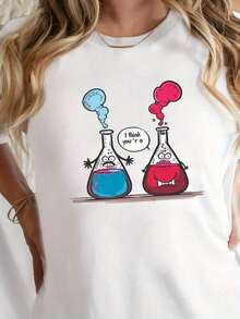Camiseta Casual de Manga Corta y Cuello Redondo para Mujer - Playful Hey! Déjame mostrarte mi experimento, camiseta blanca de corte regular con estampado gráfico para primavera y verano, camisetas para mujer, ropa de verano, diseño de ciencia de dibujos animados, tela no transparente, atuendo de verano, textura suave, camiseta estampada, 100% algodón. - Blanco - Ver 1