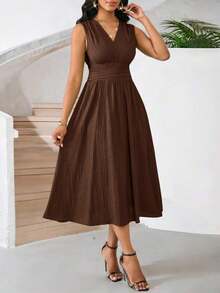 Vestido veraniego sin mangas de mediana longitud para mujer, de tela tejida con textura en color verde - Café integral - Ver 4