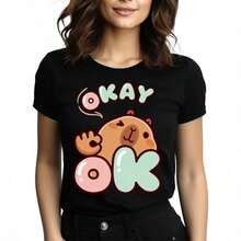 Tops para mujer de algodón de manga corta con cuello redondo y estampado de oso de dibujos animados 'OKAY OK' para mujer, estilo casual. - Negro - Ver 6