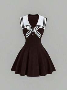 Vestido ajustado de estilo marinero vintage para mujer, elegante y versátil para la escuela, vacaciones, uso casual, azul, primavera/verano - Azul - Ver 8