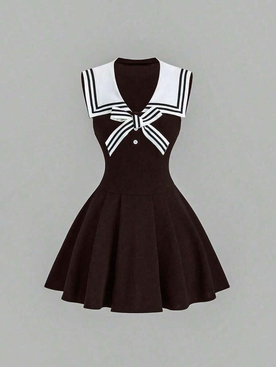 Vestido ajustado de estilo marinero vintage para mujer, elegante y versátil para la escuela, vacaciones, uso casual, azul, primavera/verano - Marrón - Ver 1