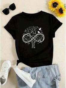 Camiseta de mujer moderna, informal, para fiestas y para estar en casa, 100% algodón, corte holgado. 1pscCamiseta deportiva casual para mujeres con elegante arte de corazones en infinito en forma de árbol - Camiseta de cuello redondo elástico, lavable aáquina, para todas las estaciones, camisetas para mujeres, ropa casual, tela opaca,100%cotton - Negro - Ver 7