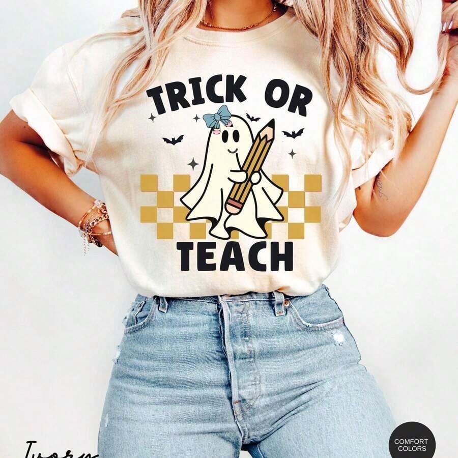 100% Algodón  ® Camiseta de Halloween para Maestros, Trick Or Teach, Camiseta de Maestro de Halloween, Camiseta, Camiseta de Maestro Espeluznante, Camiseta Retro de Maestro Fantasma, Estampado Cómodo, Cuello Redondo, Manga Corta, Ropa Urbana de Verano, Elástica, Transpirable, Ligeramente Versátil, Ropa de Diseñador Suave Unisex para Hombre y Mujer, Estilo Casual, Holgada, Camiseta Casual y Versátil Y2k Camiseta Camisa De - Blanco - Ver 1