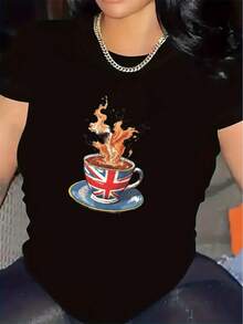 PremiumCamiseta con Estampado de Taza de Café con Bandera de Inglaterra |   Ideal para cafeterías o uso doméstico, tela duradera y ligera, ajuste cómodo adecuado para uso diario, camiseta unisex con diseño de moda, un regalo perfecto para los amantes del café.Nueva llegada - Negro - Ver 6