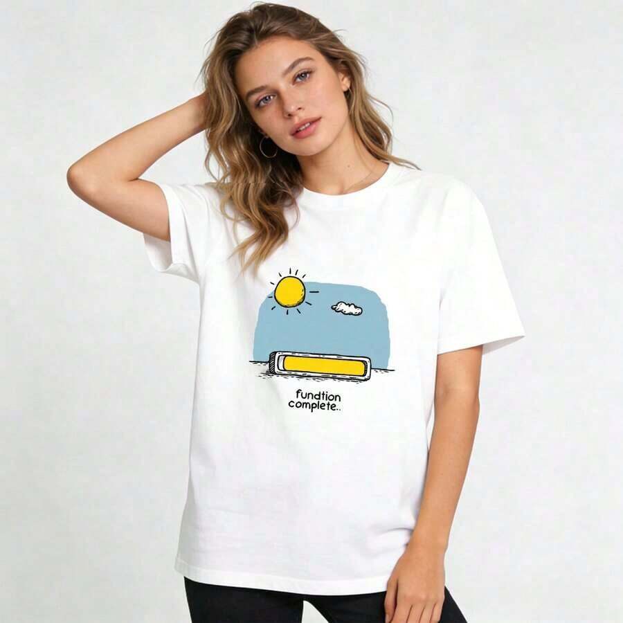 Camiseta Casual de Algodón para Mujer, Cuello Redondo, Manga Corta, con Estampado Gráfico de Sol y Batería, Ideal para Uso Diario, Moda de Alta Calidad - Blanco - Ver 1