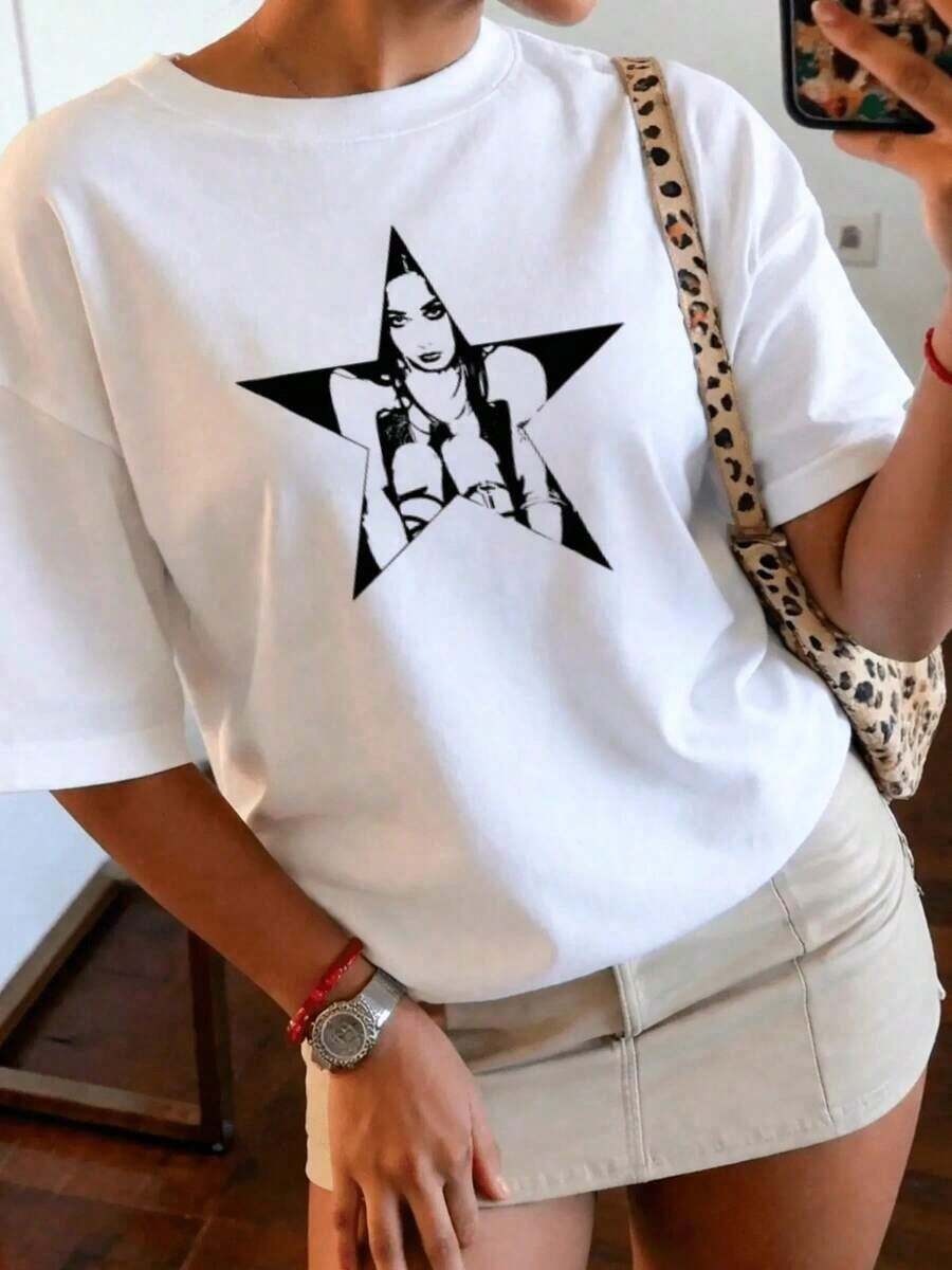 Ropa gótica para mujer, camiseta de manga corta con estampado de chica estrella Y2K, 100% algodón, transpirable, cuello redondo, camiseta unisex para salidas de verano, camisetas para mujer - Blanco - Ver 1