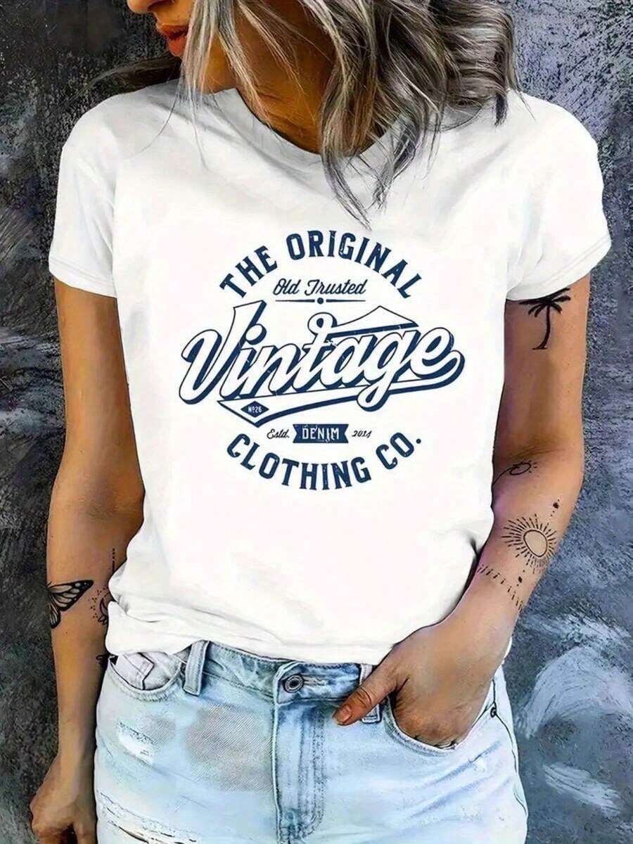 Camiseta Estampada de Moda para Mujer, Estilo Casual de Primavera y Verano, Manga Corta, Cuello Redondo - Blanco - Ver 1