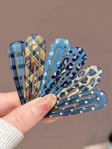 18pcs Random Minimalist Versatile Plaid, Polka Dot, Leopard Print Side Bangs Hair Clips, Suitable For Daily, Washing Face, Vacation, Back To School Occasions - Blue - View 4