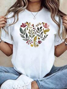 Modern Minimalist T-Shirt With Icelandic Style Letter Print, Short Sleeve, Casual Top For Summer And Spring, Women's Casual Everyday Wear - 白色 - 查看 1