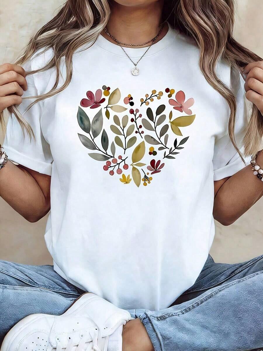 Modern Minimalist T-Shirt With Icelandic Style Letter Print, Short Sleeve, Casual Top For Summer And Spring, Women's Casual Everyday Wear - 白色 - 查看 1