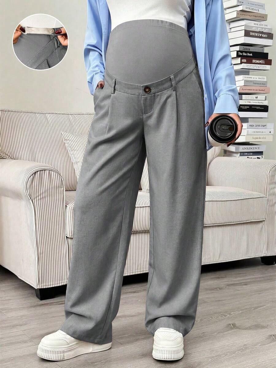 Pantalones rectos con bolsillo en diagonal, cintura ajustable, para maternidad - Gris Claro - Ver 1