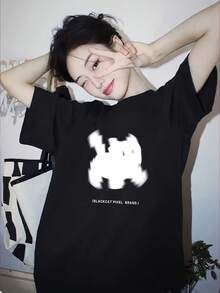 Women's Classic T-Shirt With Y2K Cat Print - Korean Summer Style, Short Sleeve, Round Neck, Loose Fit - Top With Kitten Face And Paw Design - Casual Urban Fashion Blouse For Everyday Wear (Hand Washable) - 黑色 - 查看 7