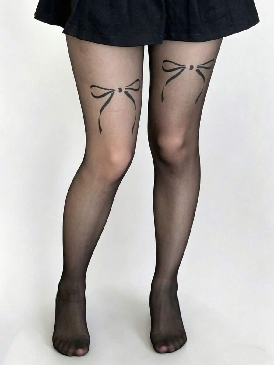 1 par de medias transparentes negras de talla grande con línea de muslo y estampado de lazo, medias elegantes y sexys con patrón de cinta y detalles coquetos para uso diario - Lazo negro en la línea del muslo - Ver 1