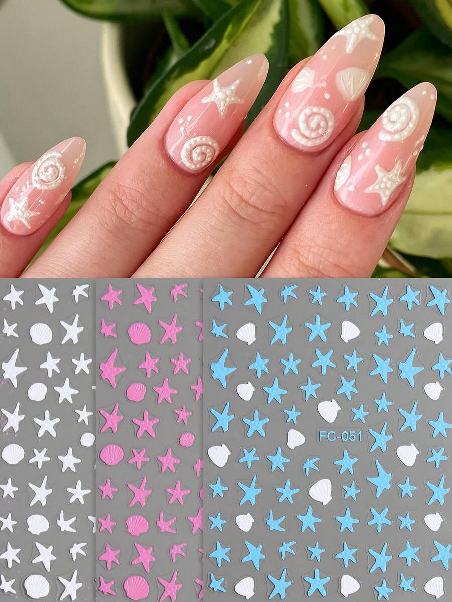 3D海星贝壳美甲贴纸,夏季海洋主题美甲贴花,白色、粉色和蓝色可选,非常适合海滩度假和夏季美甲,美甲沙龙配件,美甲用品 - 彩色 - 查看 1